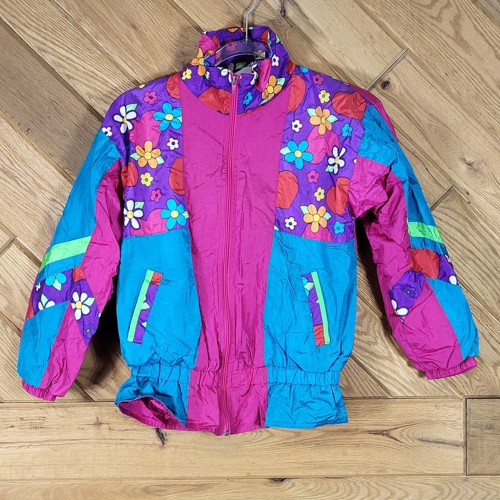 Vtg Energy Zone Windbreaker Y2K Jacket Girls Size L 14-16 Floral Retro Pink Teal